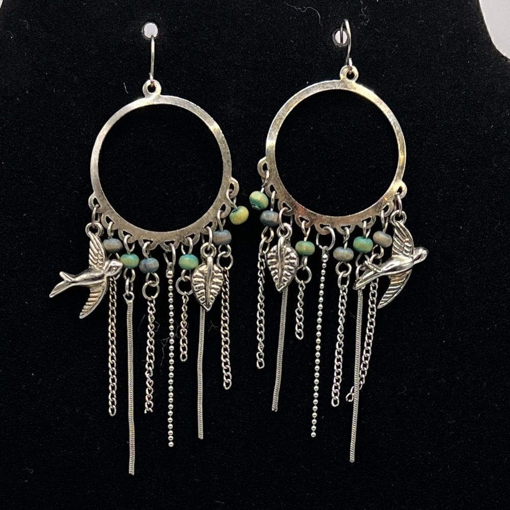 *3/$20* Detailed silver tone hoop earrings with bird leaf and bead accents